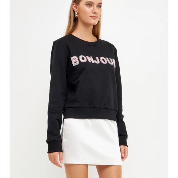 Endless Rose Sweatshirt Womens Small Black Bonjour Lettering Beads Pullover - Picture 5 of 12